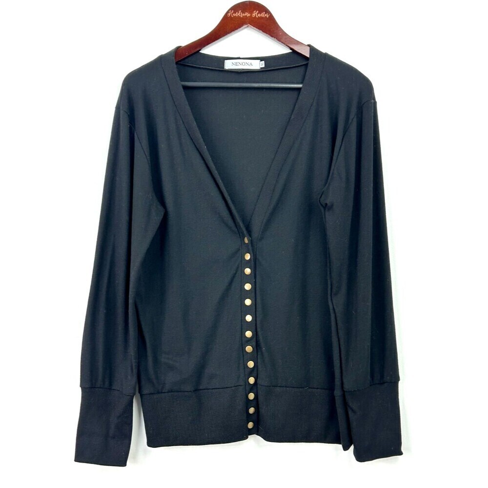 Nenona Women Button Up Cardigan Black Long Sleeve Knit Top Sz‎ XL 1245U4